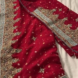 Heavy Zari dabka work chiffon sari and unstitched blouse in red blue and gold